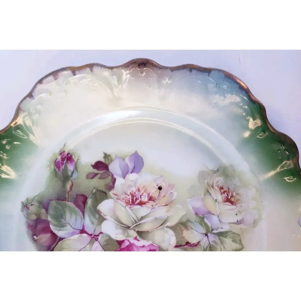 Vintage Hand‎ Painted Handled Cake Dessert Plate Green w/ Pink Roses Germany
